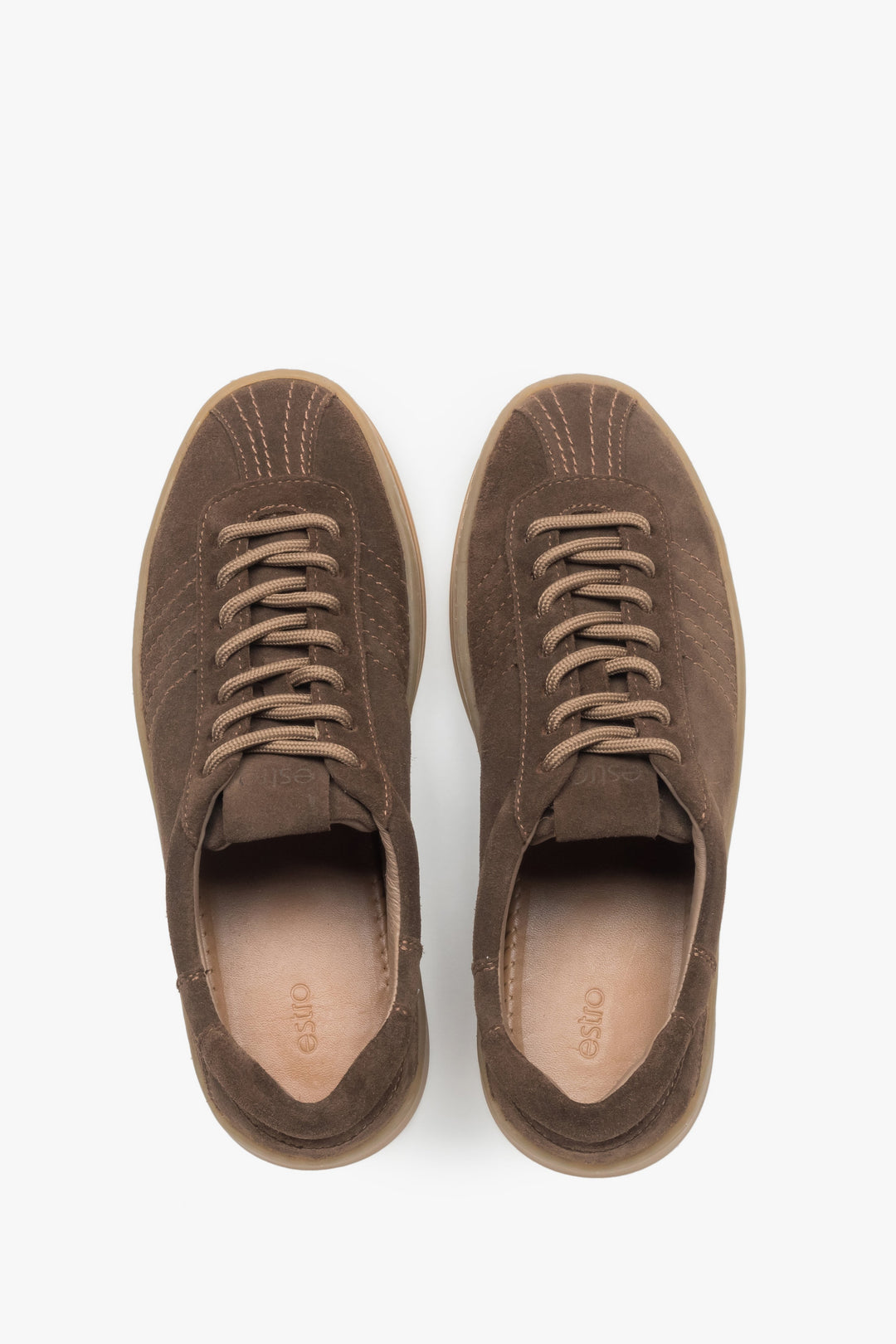 Estro: women's saddle brown low-top sneakers featuring a premium Italian genuine velour upper.
