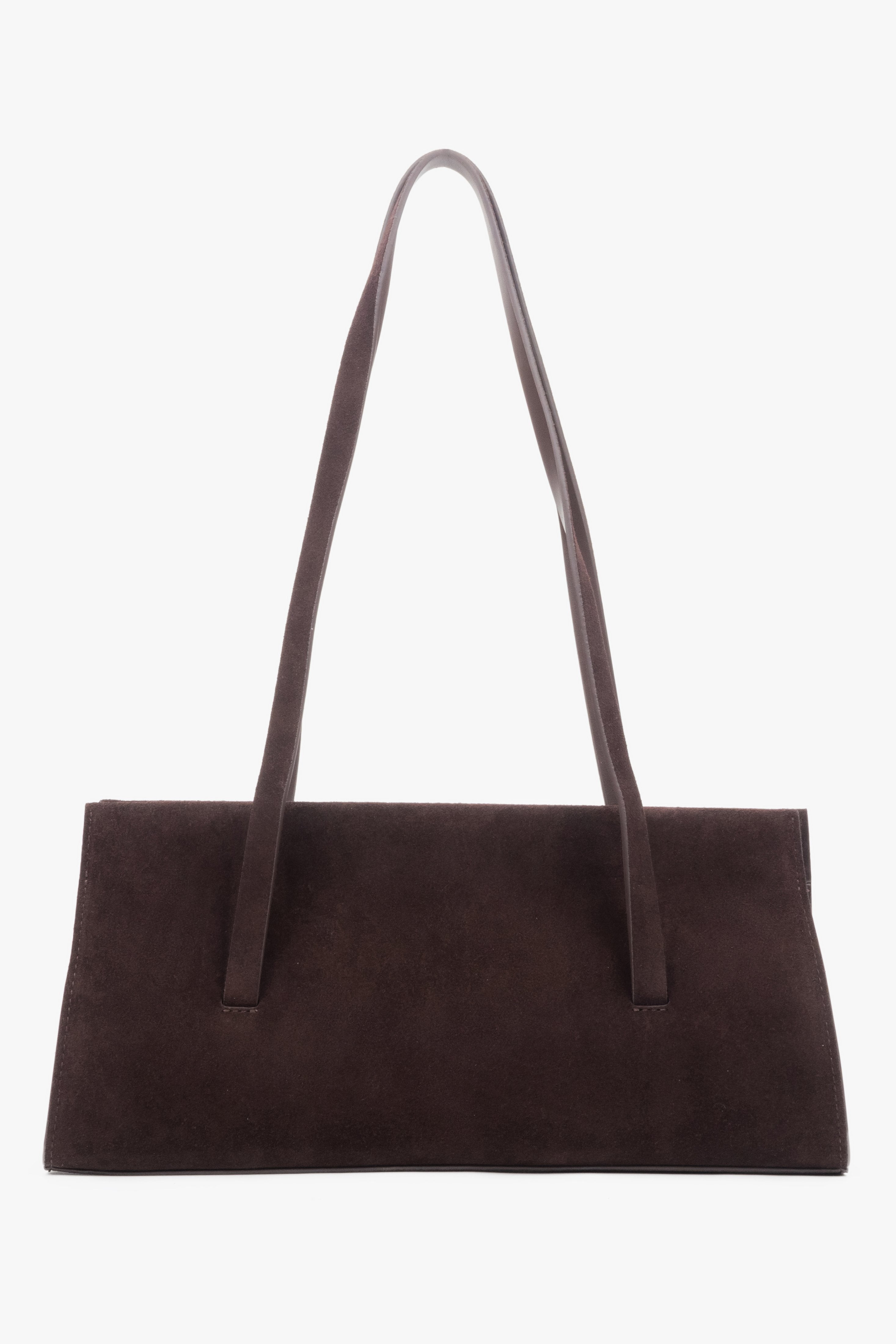 Front view of the women's Estro shoulder bag in saddle brown velour, showcasing its long handles.