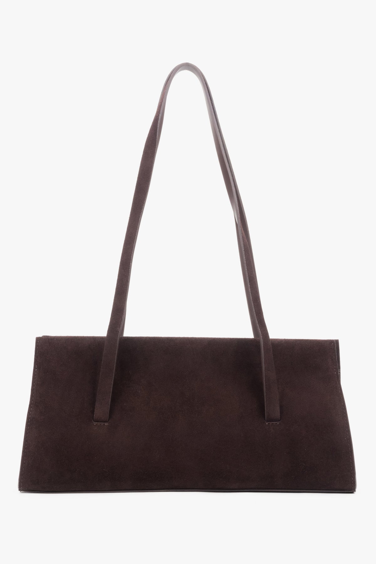 Front view of the women's Estro shoulder bag in saddle brown velour, showcasing its long handles.