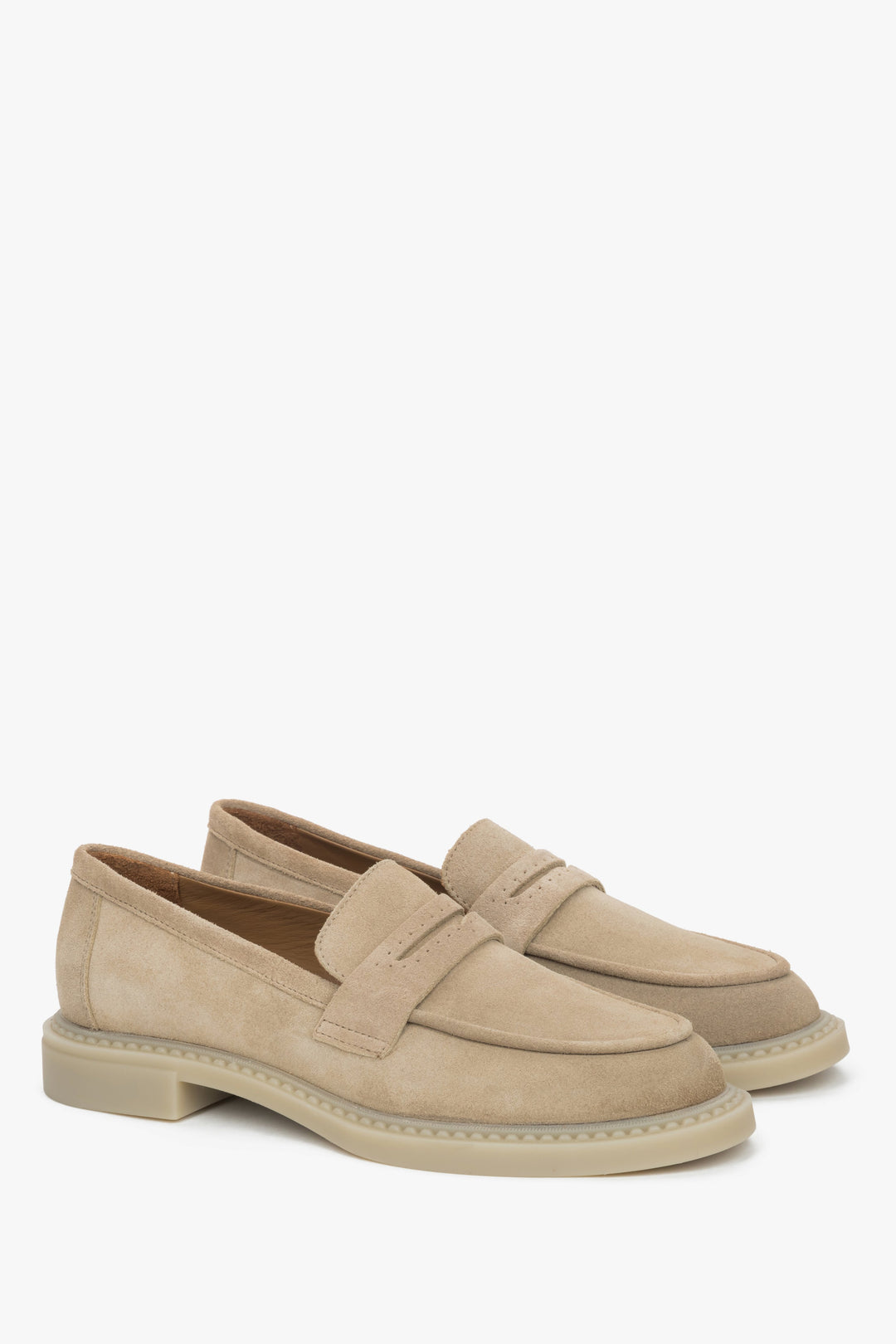 Women's sand beige penny loafers by Estro, made of premium Italian genuine velour.