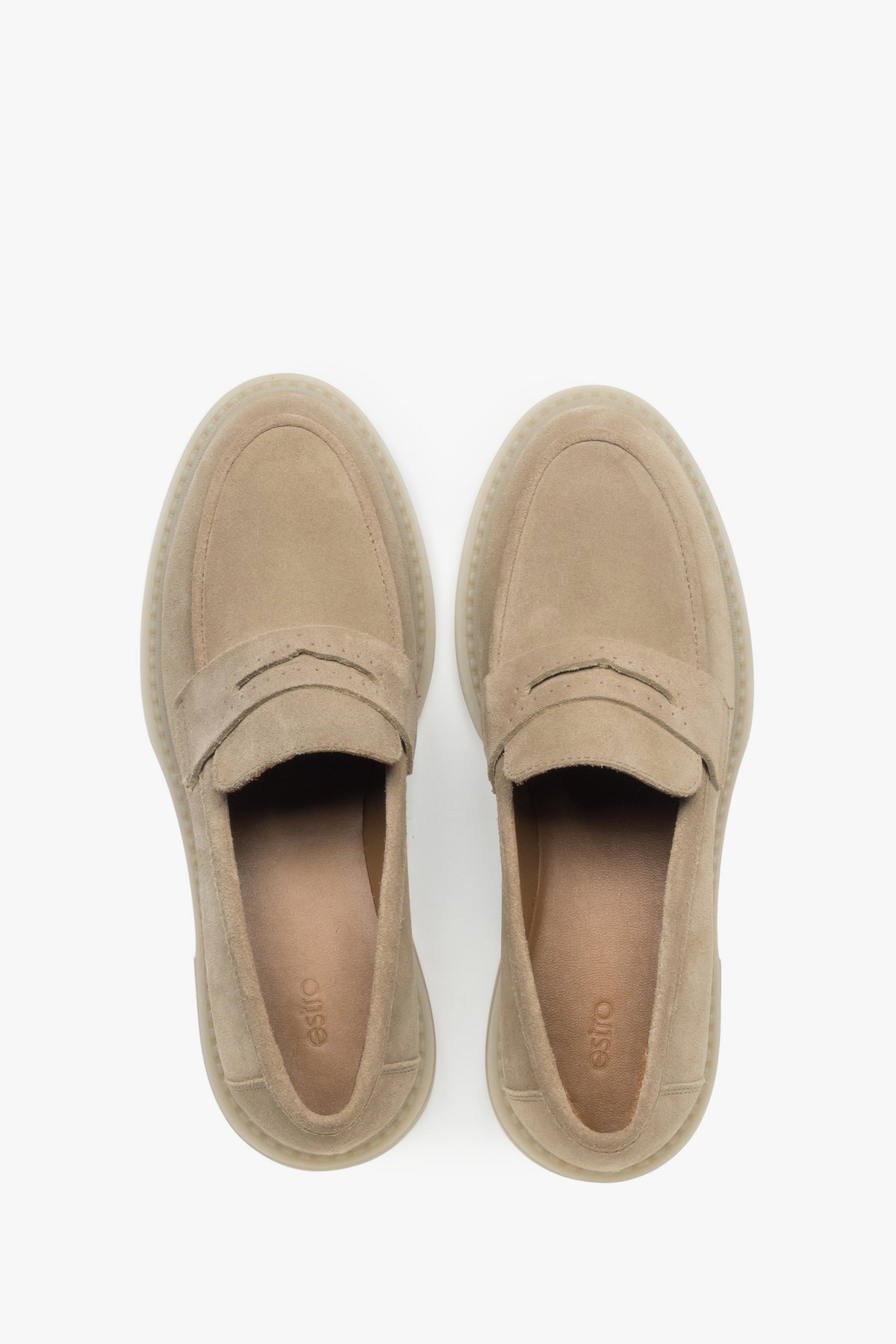 Estro: women's sand beige penny loafers featuring a premium Italian genuine velour upper.