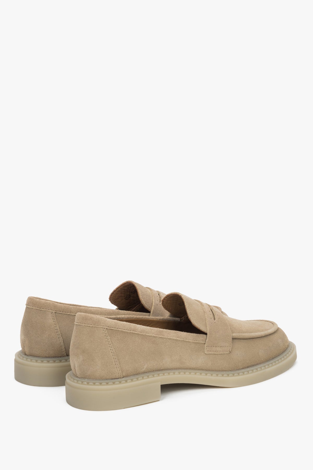 Side profile of the women's Estro penny loafer, showing the sand beige Italian velour.
