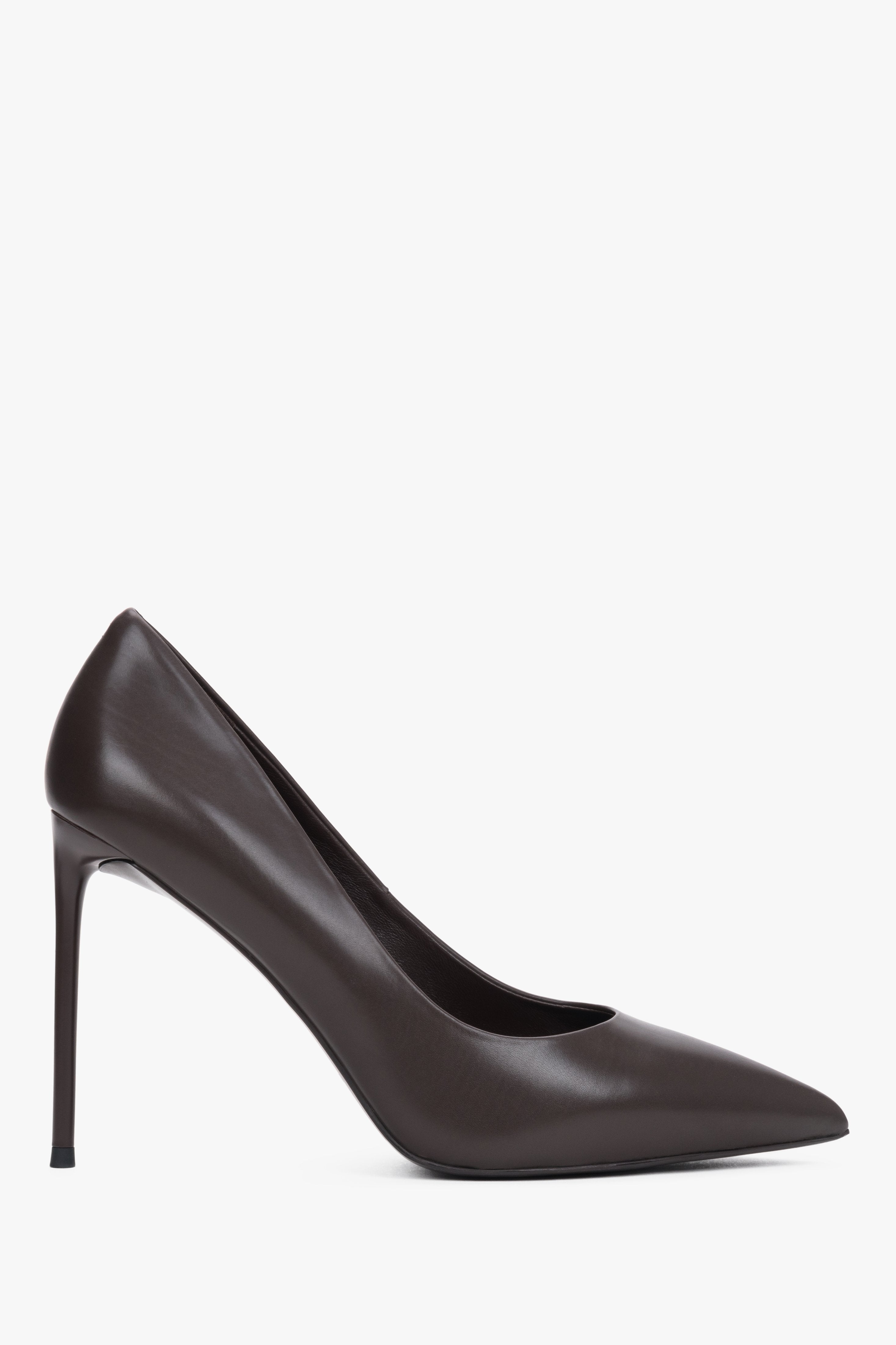 Side profile of dark brown leather high heels.