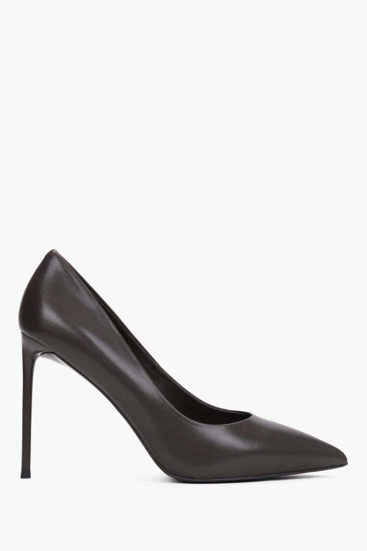 Side profile of dark brown leather high heels.