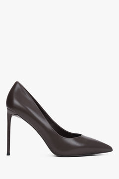 Side profile of dark brown leather high heels.