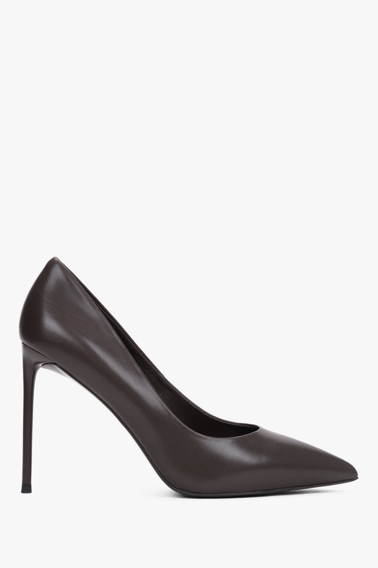 Side profile of dark brown leather high heels.