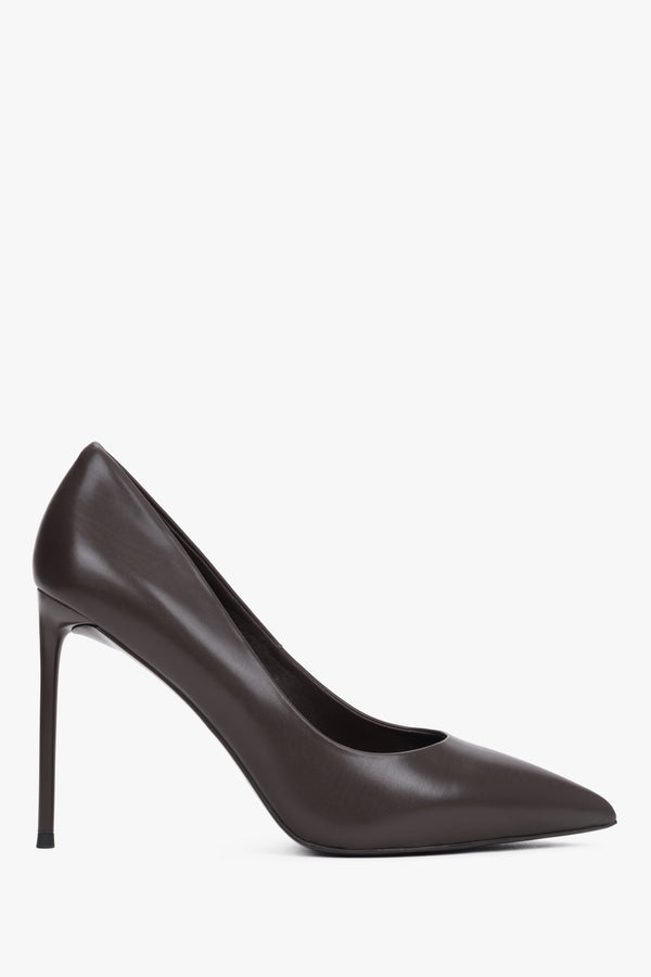 Side profile of dark brown leather high heels.