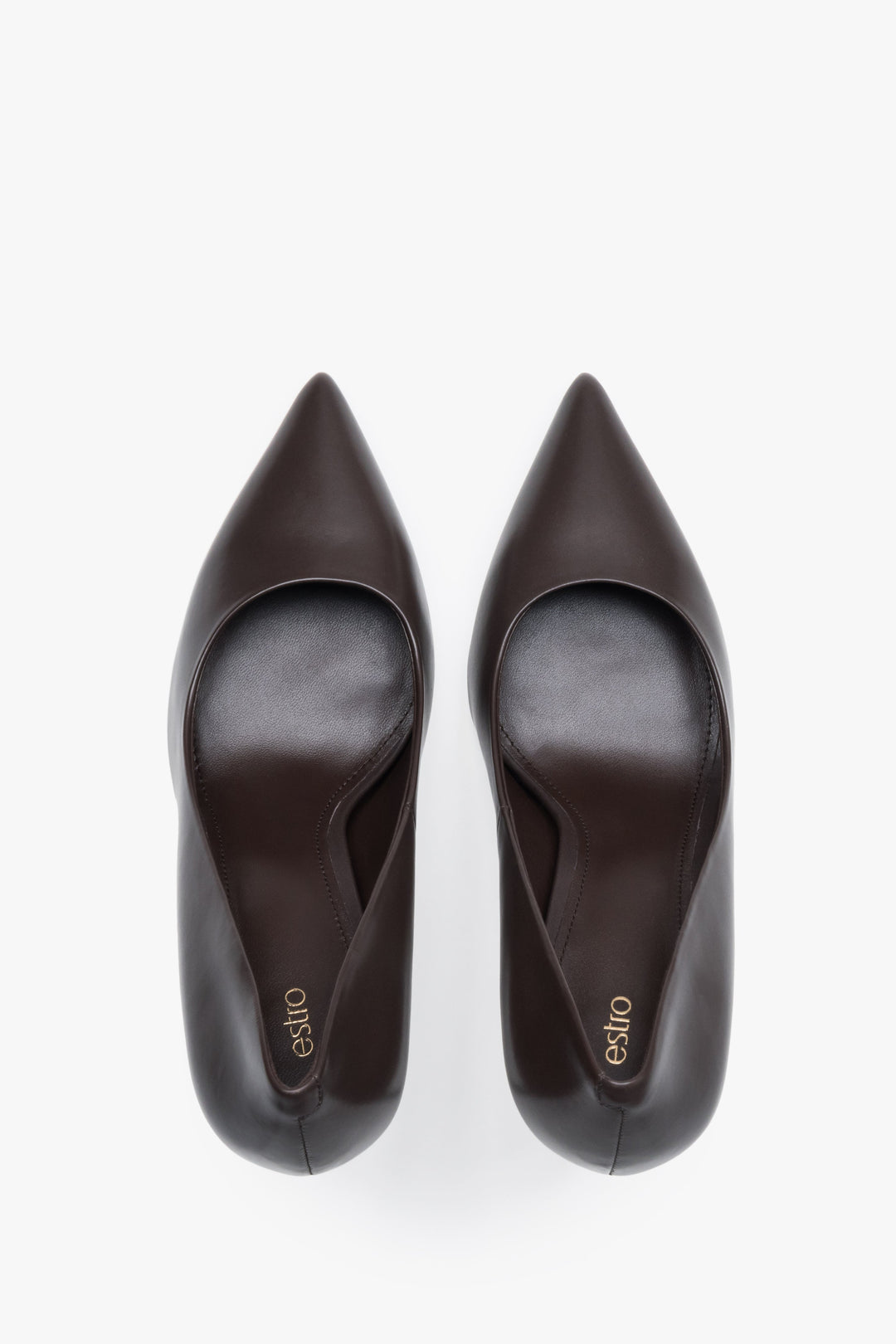Rear view of dark brown genuine leather pumps.