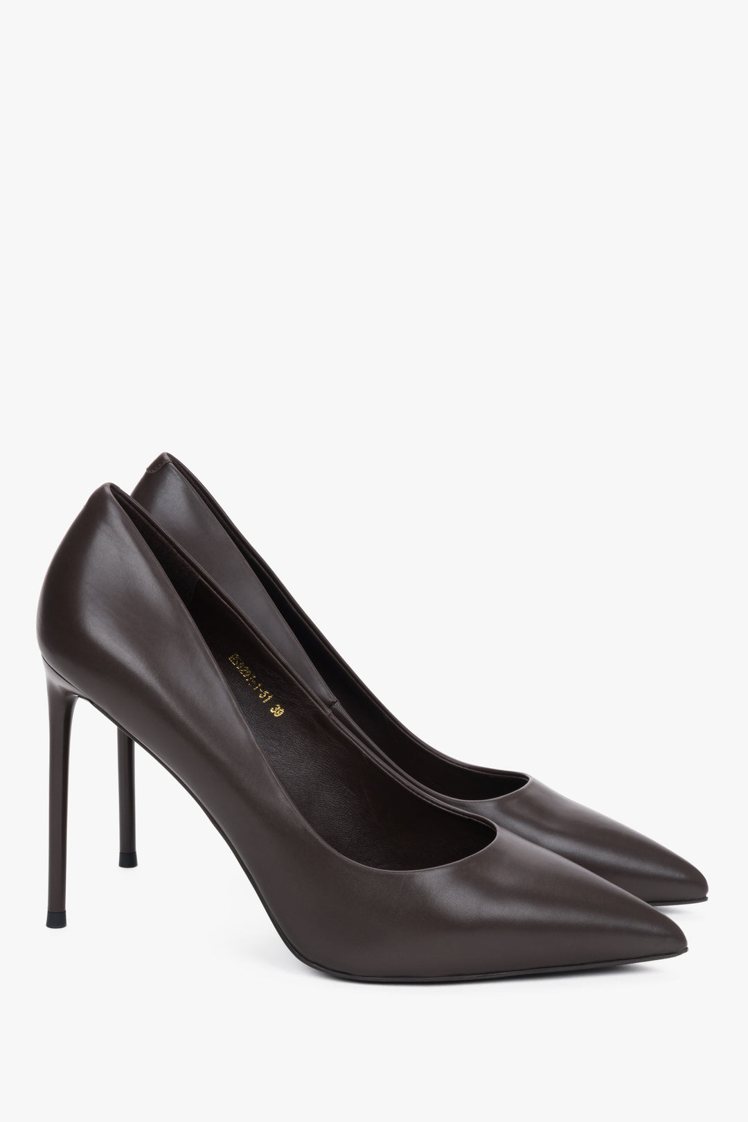 Detailed view of the high heel and leather finish.
