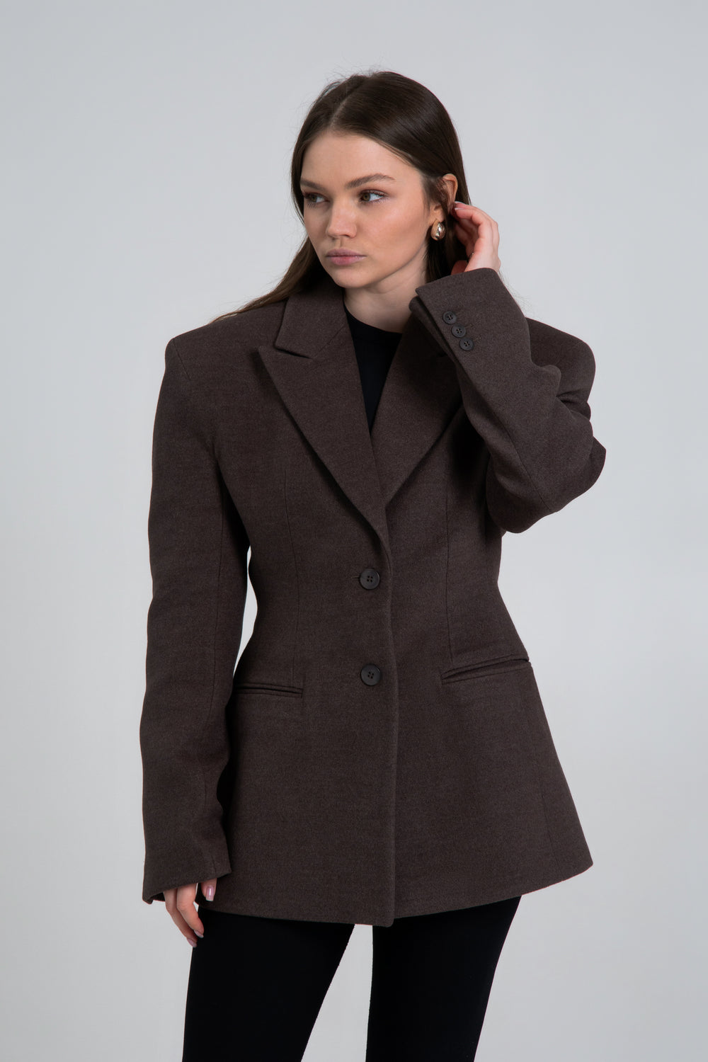 Women's Dark Brown Tailored Short Coat made of Natural Wool & Viscose Estro ER00119687.