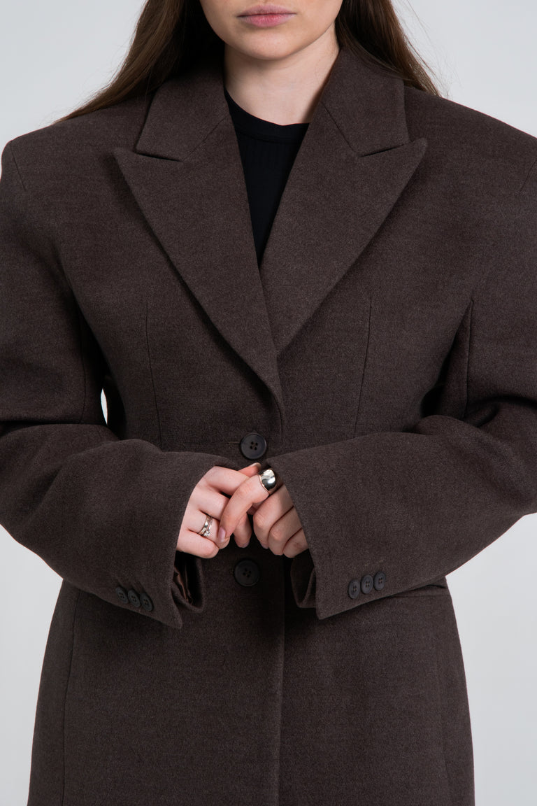 Close-up of buttons and collar on dark brown coat.