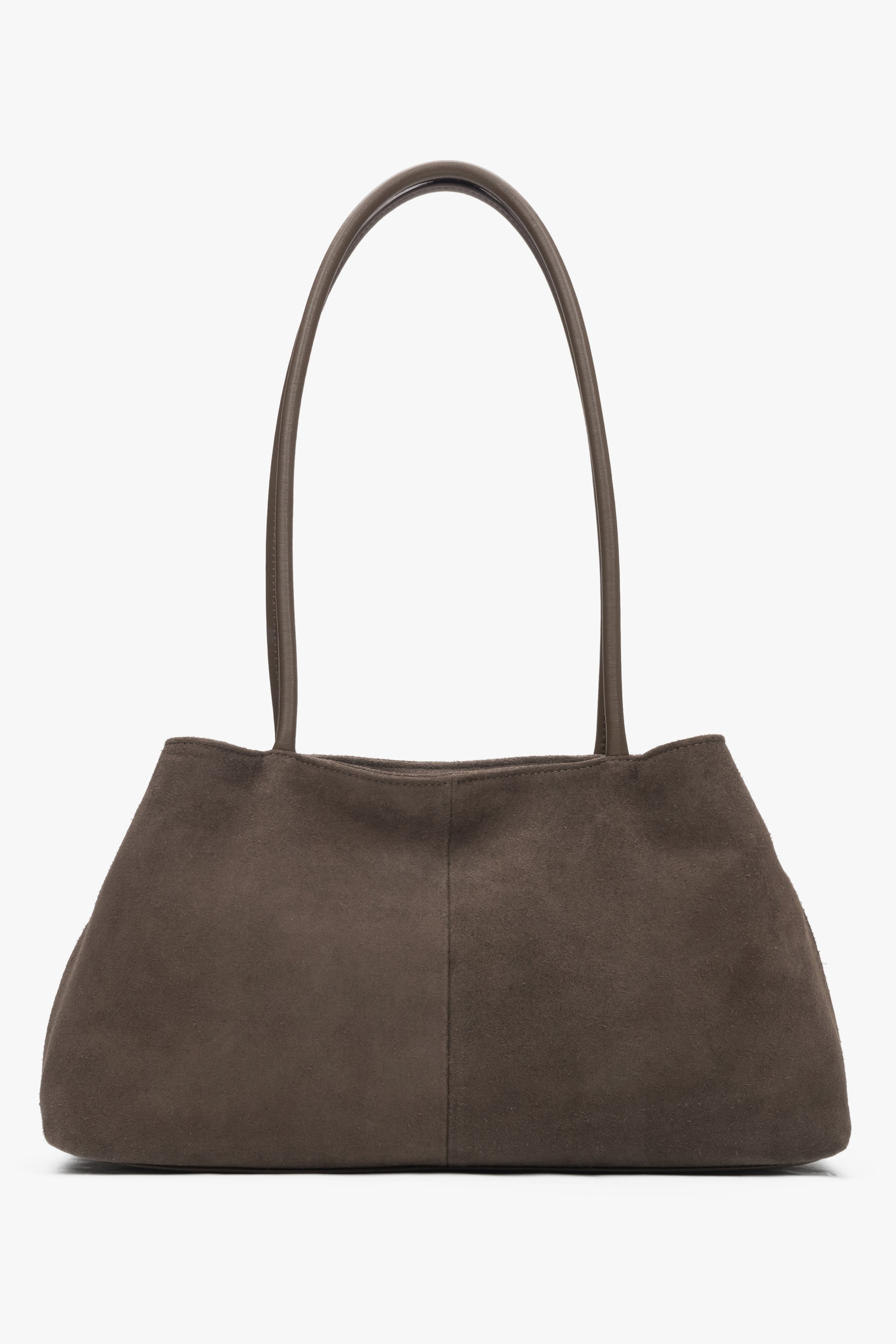 Back view of grey and beige genuine velour bag.