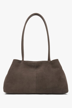Back view of grey and beige genuine velour bag.