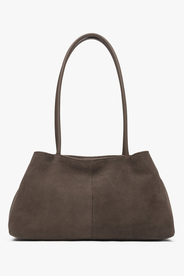 Back view of grey and beige genuine velour bag.