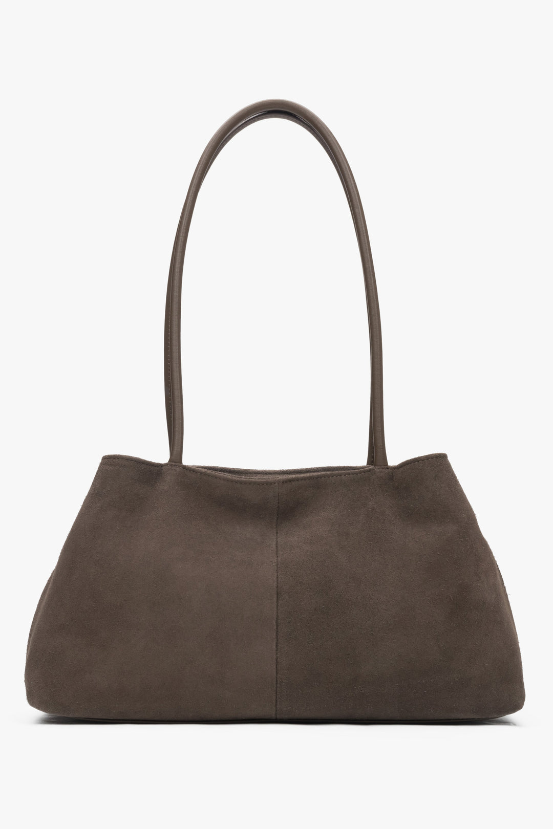 Back view of grey and beige genuine velour bag.