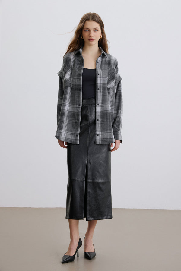 Women's Grey Checkered Shirt with Detachable Sleeves Estro ER00119329.