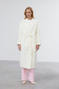 Women's Milky Biege Belted Bucket Coat with Wide Lapels Estro ER00119518.