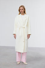 Women's Milky Biege Belted Bucket Coat with Wide Lapels Estro ER00119518.