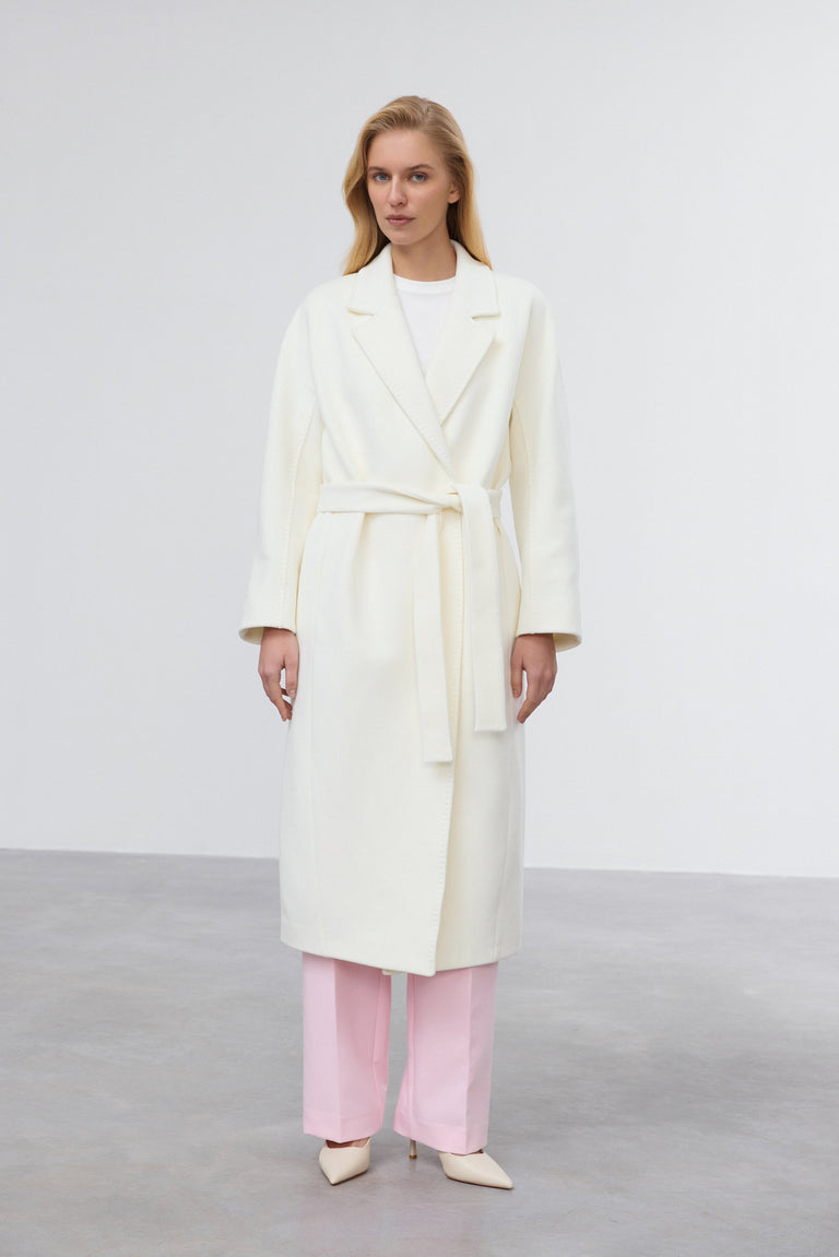 Women's Milky Biege Belted Bucket Coat with Wide Lapels Estro ER00119518.