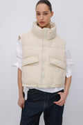 Women's Short Light Beige Puffer Vest with Zipper & Down Filling Estro ER00119638.