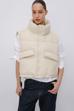 Women's Short Light Beige Puffer Vest with Zipper & Down Filling Estro ER00119638.
