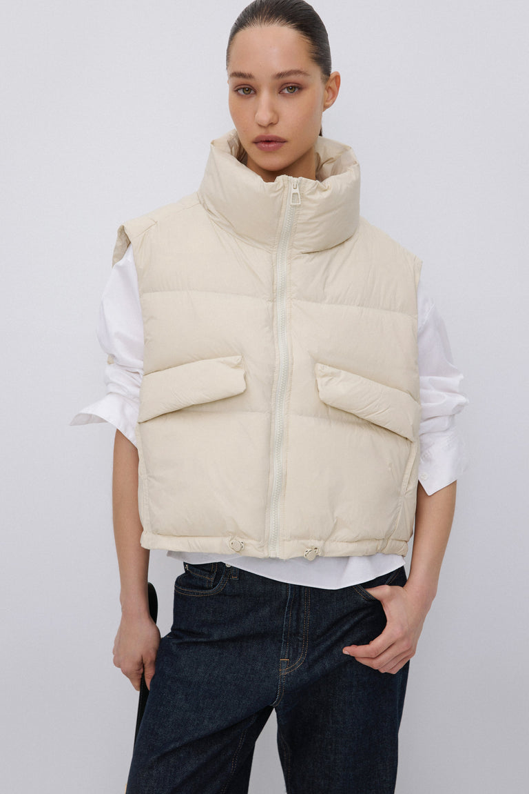 Women's Short Light Beige Puffer Vest with Zipper & Down Filling Estro ER00119638.