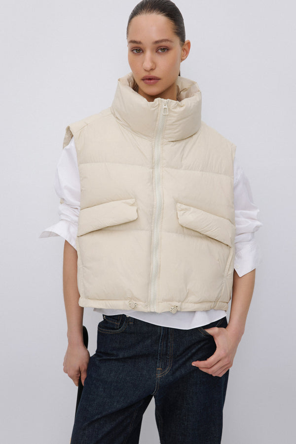 Women's Short Light Beige Puffer Vest with Zipper & Down Filling Estro ER00119638.