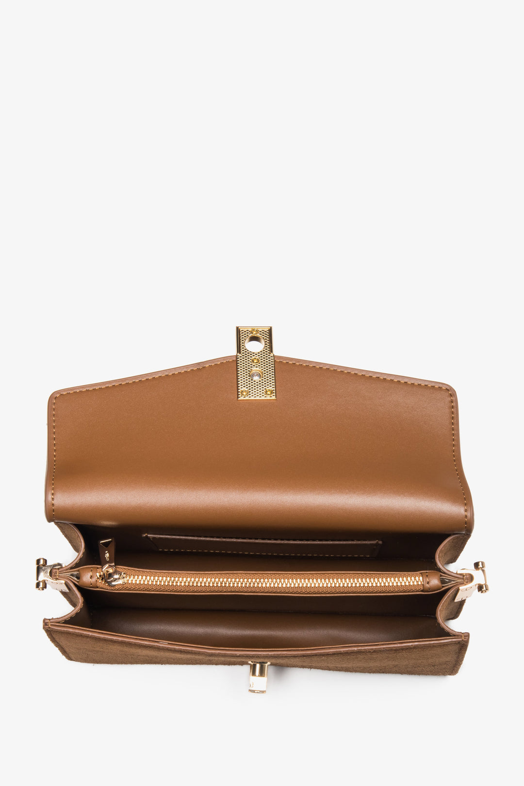 Inside view of Estro bronze velour shoulder bag.