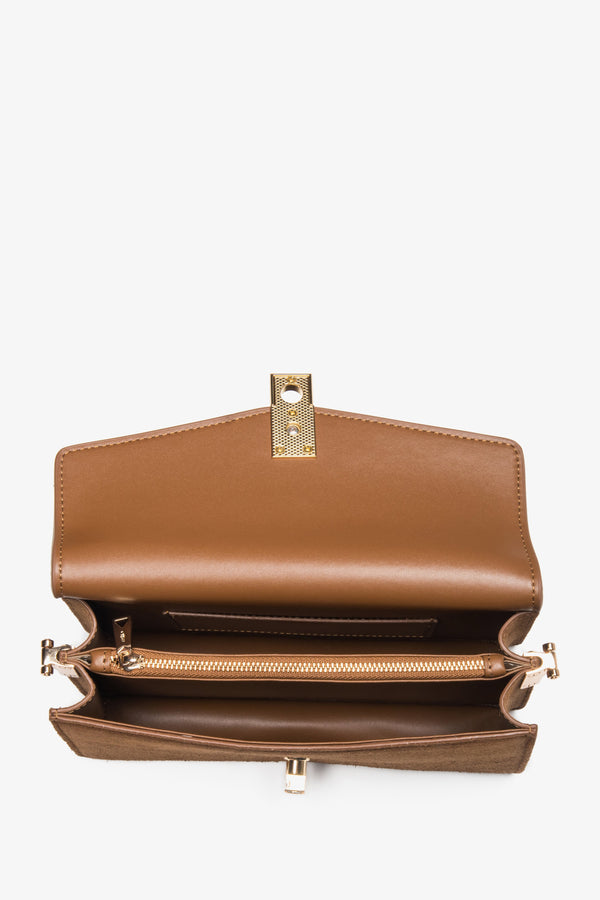 Inside view of Estro bronze velour shoulder bag.