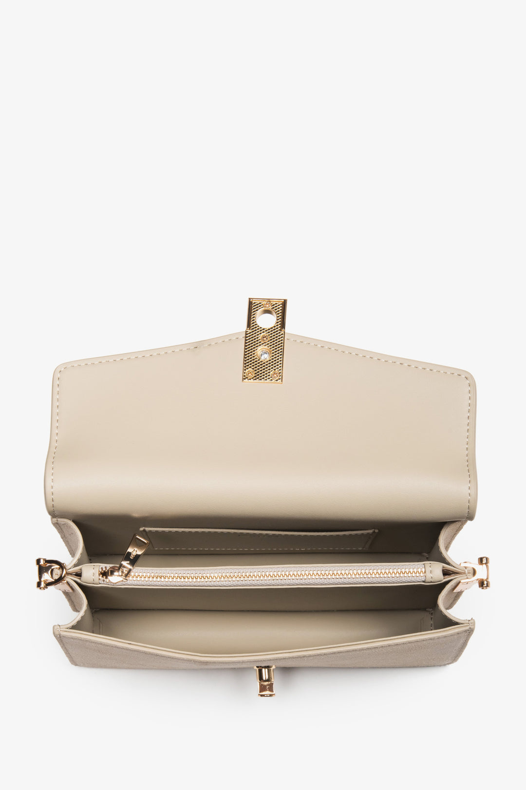 Inside view of Estro light beige velour bag.