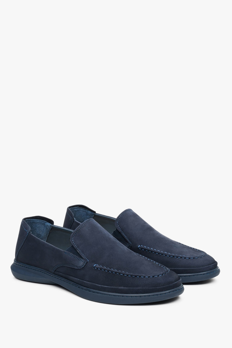 Men's navy blue nubuck moccasins by Estro.