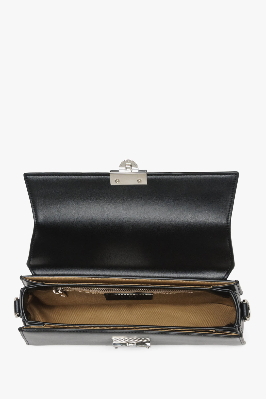 Women's black, leather handbag by Estro - interior view.
