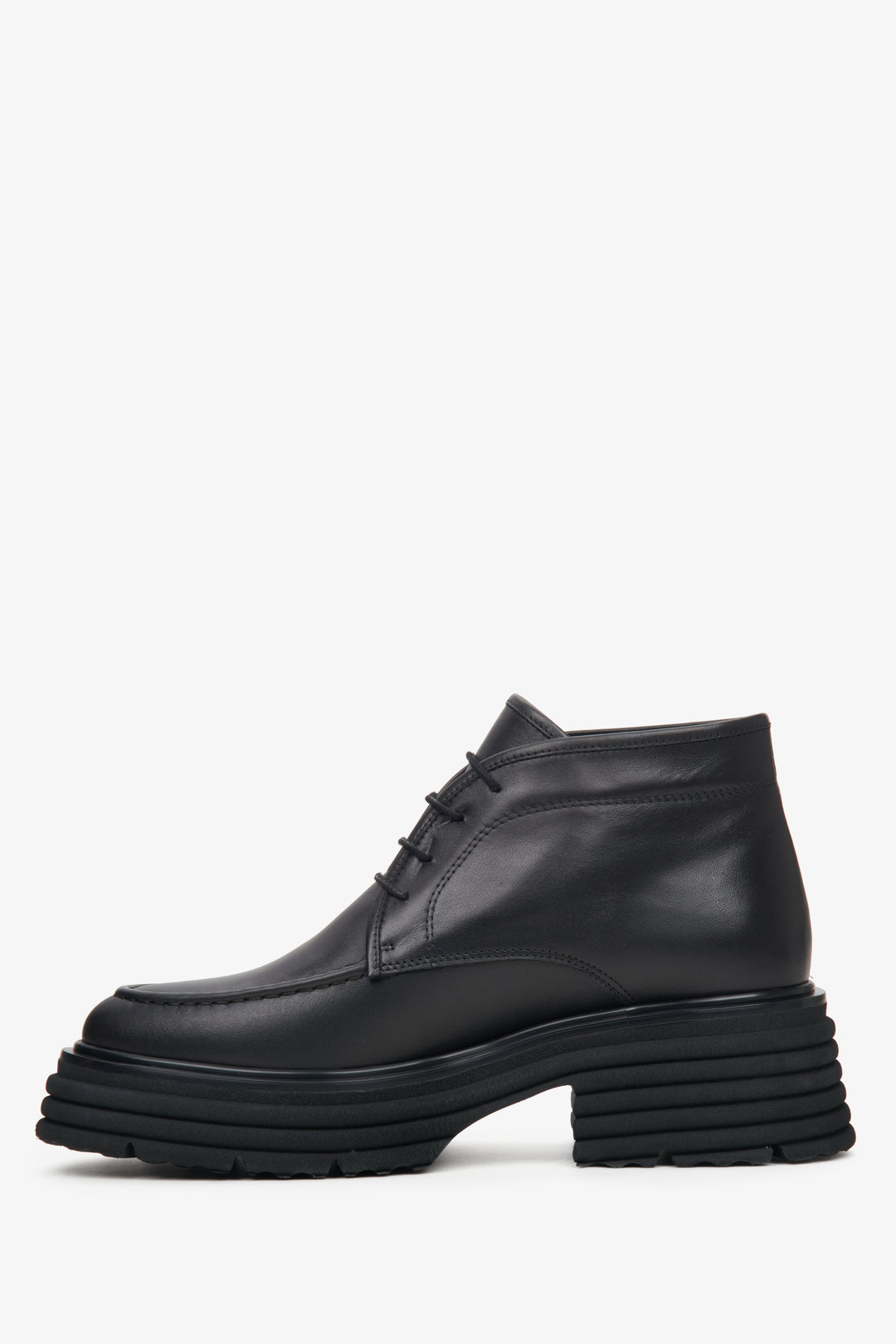 Women's black leather lace-up boots by Estro - shoe profile.