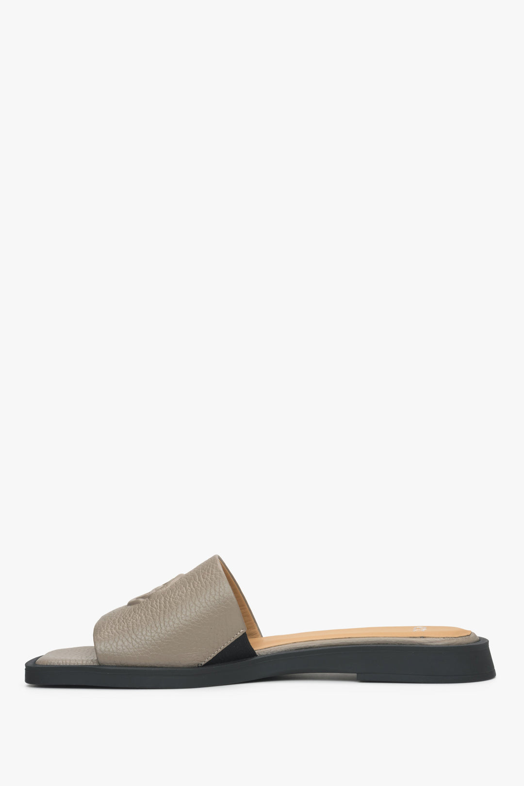 Women's grey leather flat sandals by Estro - shoe profile.