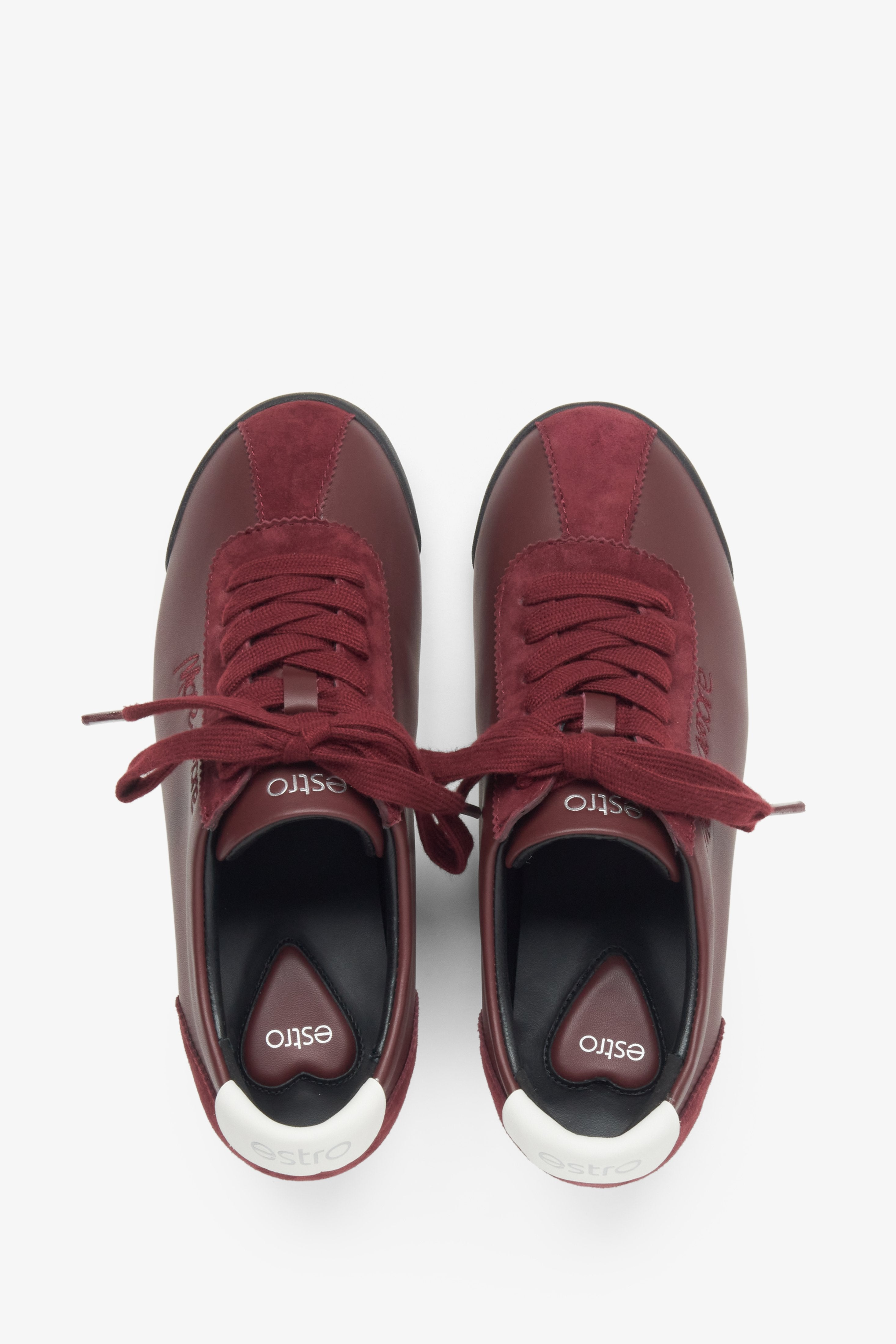 Estro burgundy women's sneakers made of genuine leather combined with velour.