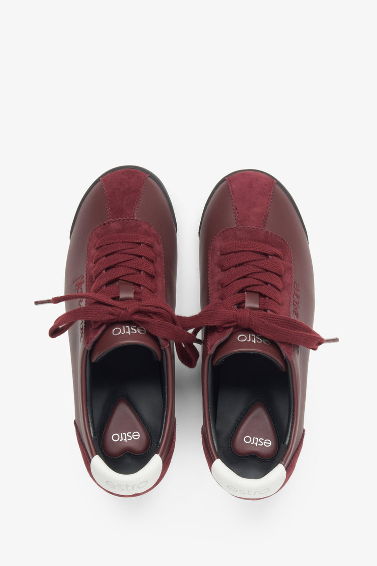 Estro burgundy women's sneakers made of genuine leather combined with velour.