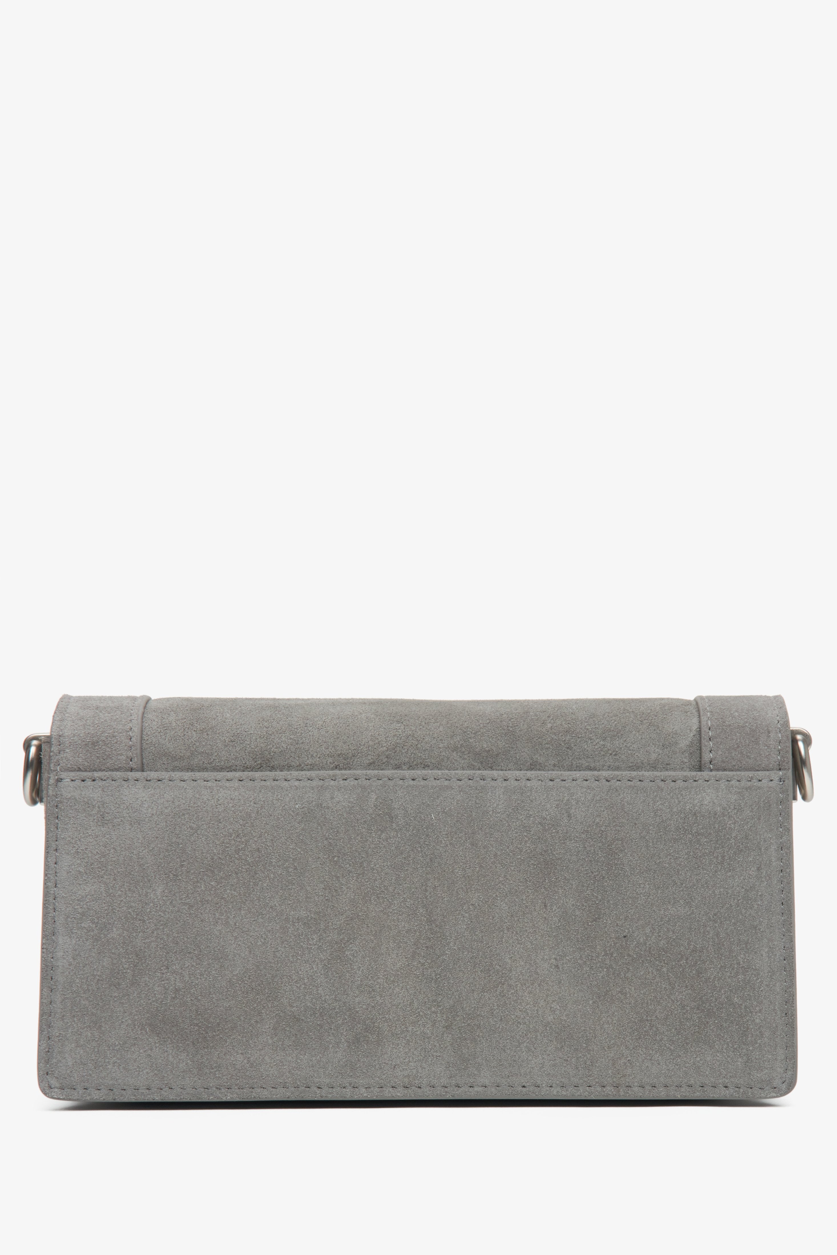 Women's small grey bag made of velour and leather - close-up of the back of the model.