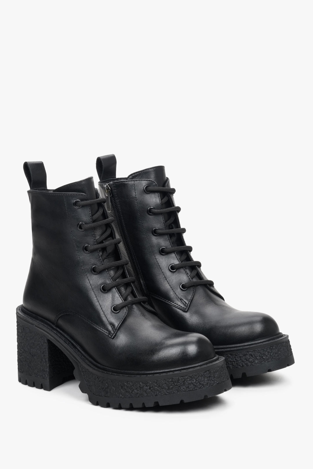 Black women's leather ankle boots with a stable heel by Estro.