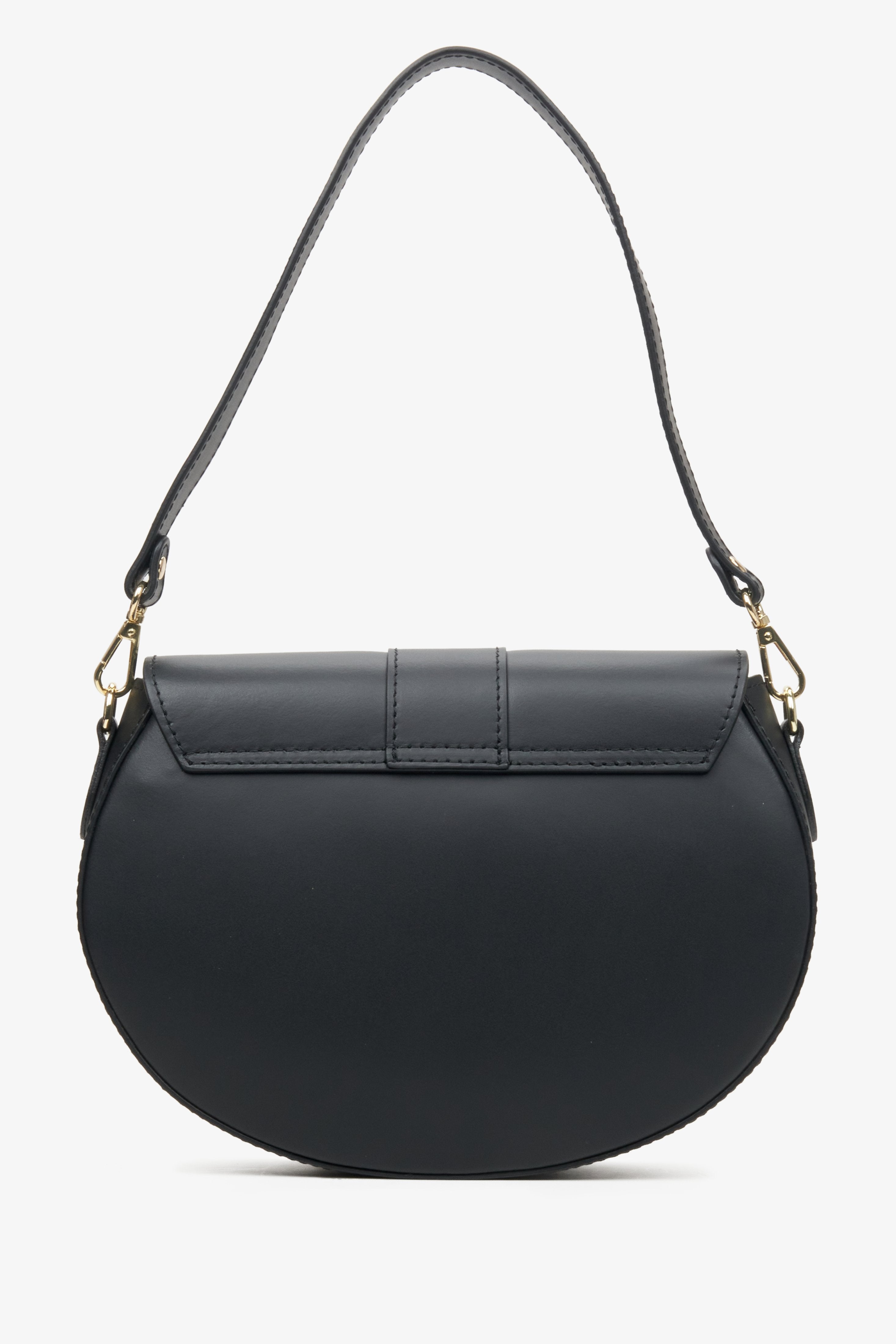 Leather, women's black horseshoe-shaped handbag by Estro - reverse side.