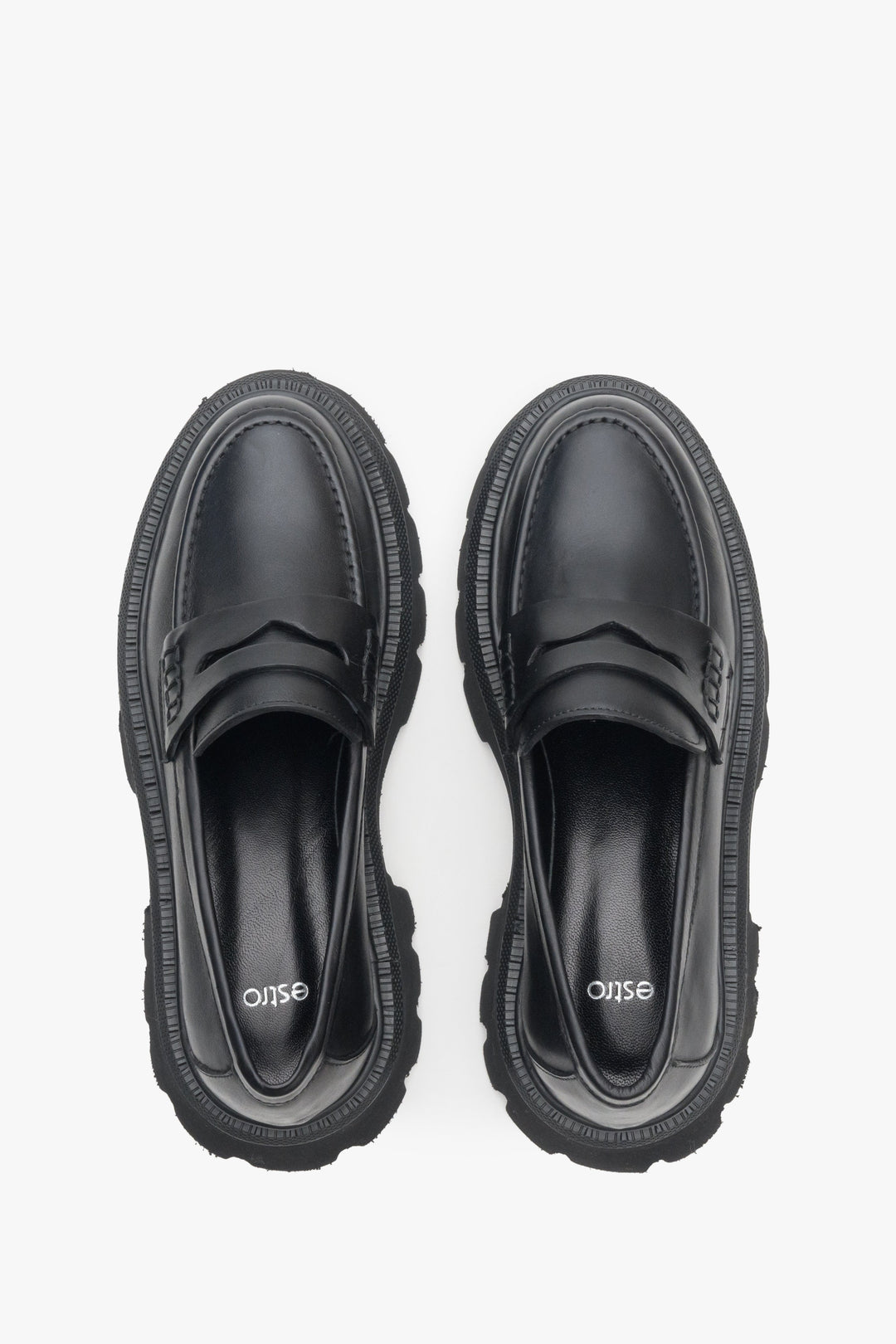 Women's leather black loafers by Estro - top view presentation of the model.