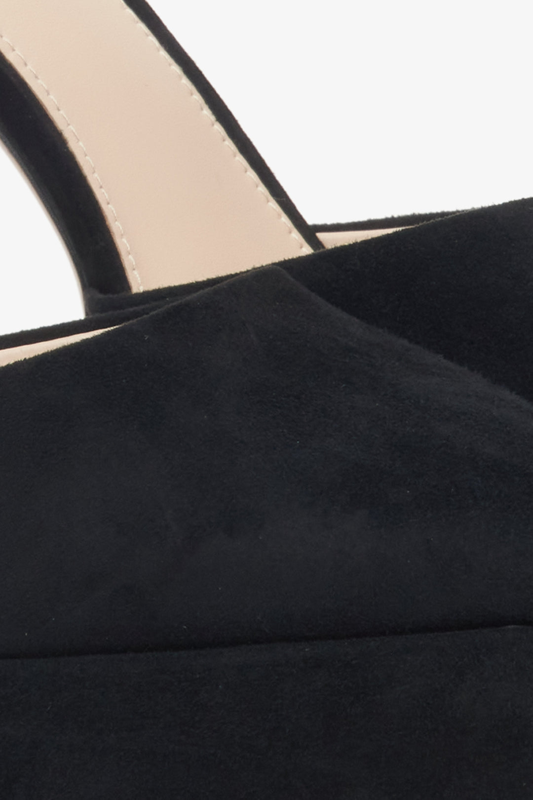 Black velour women's pumps - close-up of detail.