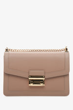 Women's leather light brown handbag with golden fittings and chain.