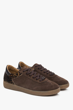 Stylish dark brown Estro women's sneakers made of Italian genuine velour, adorned with an animal print.