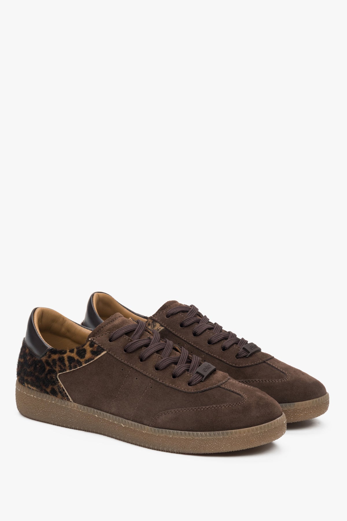 Stylish dark brown Estro women's sneakers made of Italian genuine velour, adorned with an animal print.