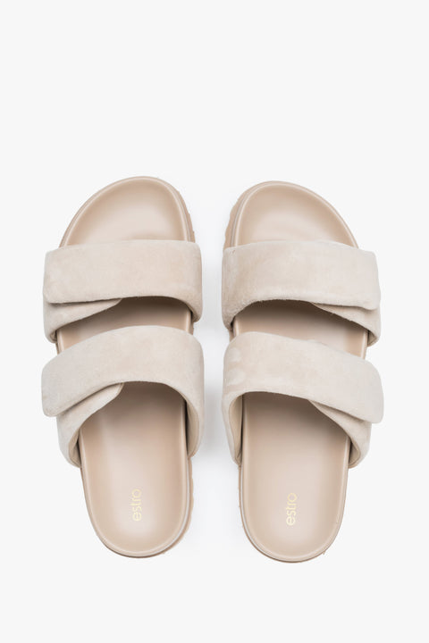 Stylish ligth beige women's slides by Estro, made from high-quality genuine velour and featuring soft, delicate straps.