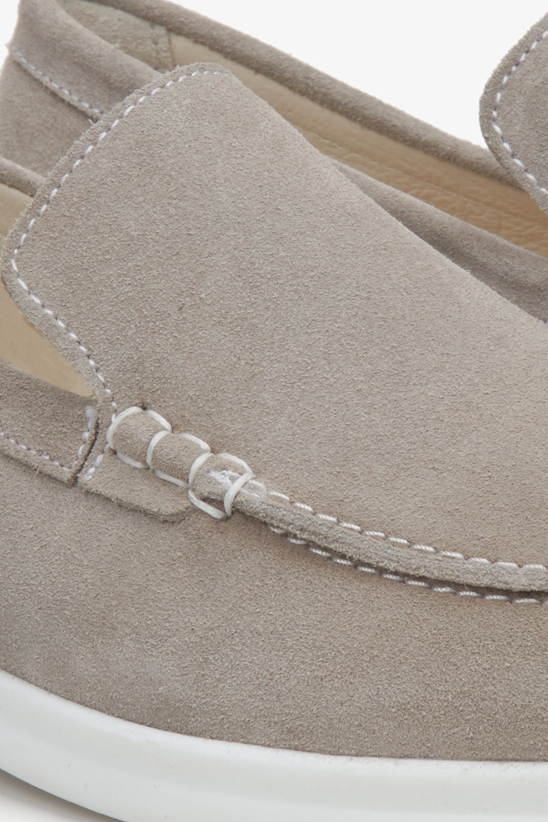 Women's dark grey suede Estro moccasins - close-up of the sewing system.