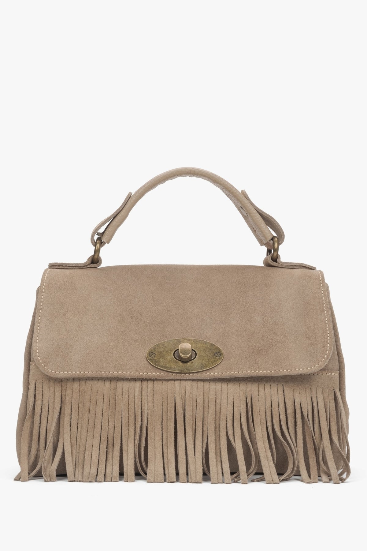 Women's Small Beige Handbag made of Italian Genuine Velour with Fringes Estro ER00117423.