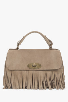 Women's Small Beige Handbag made of Italian Genuine Velour with Fringes Estro ER00117423.