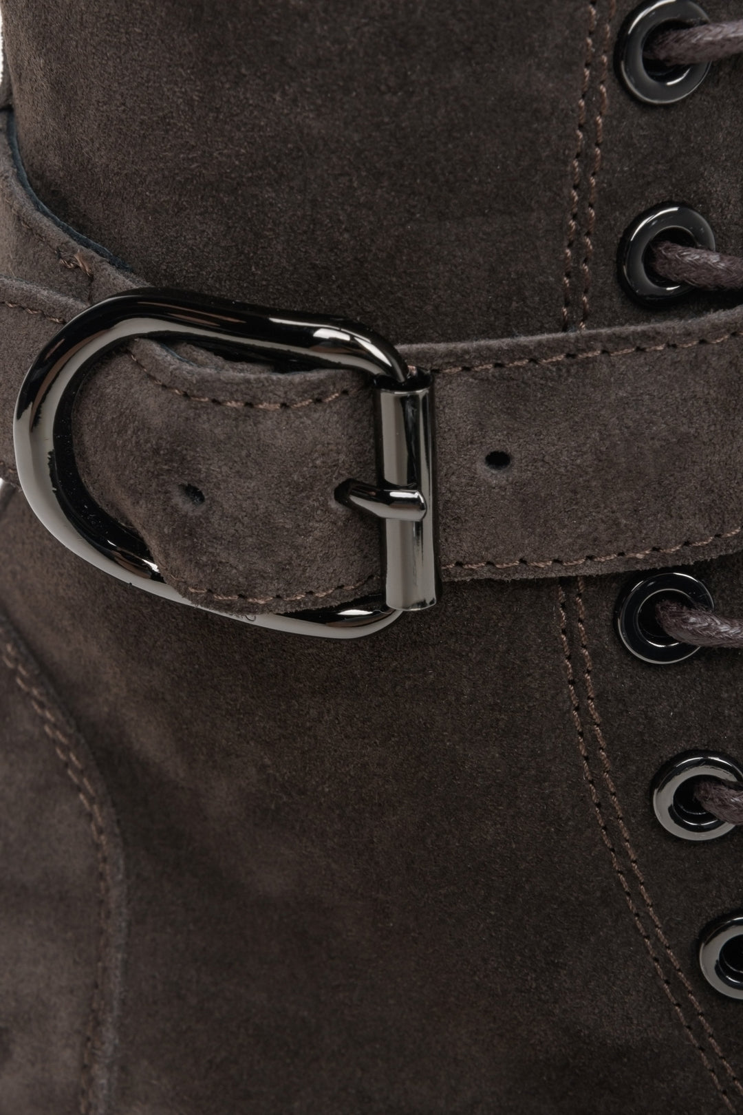 Women's dark brown velour work boots by Estro - close-up on the details.