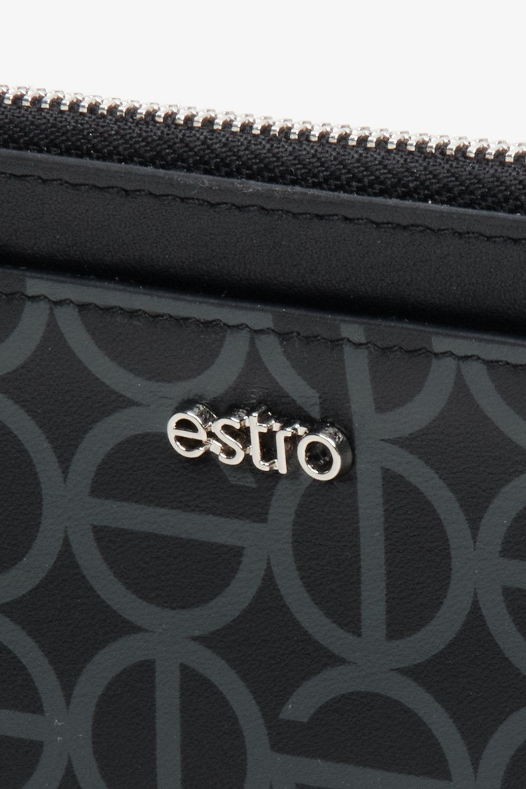 Women's, large black wristlet made of genuine leather by Estro - close-up on the details.